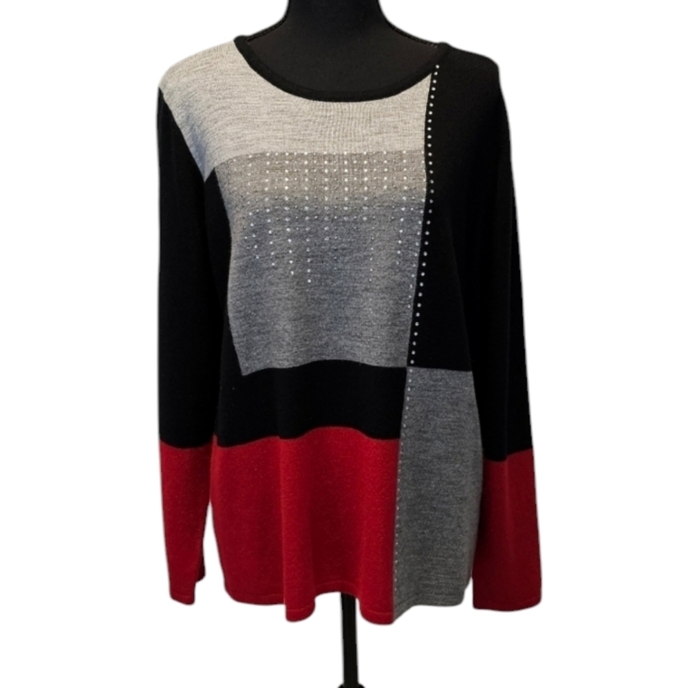 Allison Daley Black Red Grey Rhinestone Bling 100% Acrylic Sweater Size XL